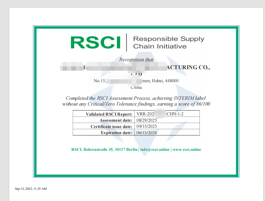 祝贺湖北HT科技公司通过RSCI认证验厂审核